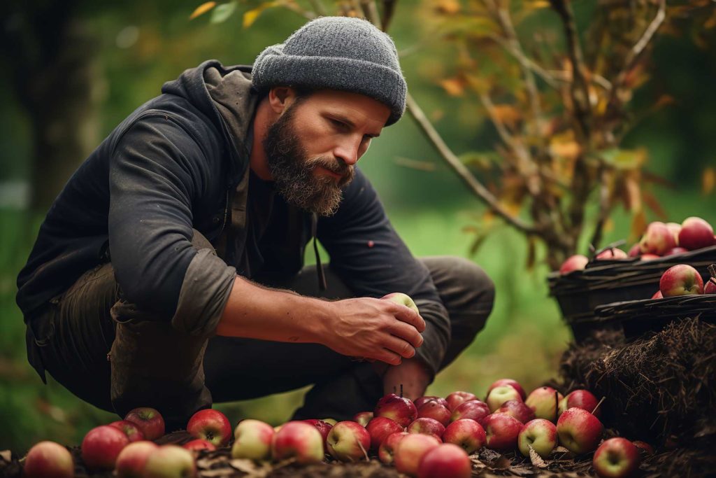 grown man looking at apples