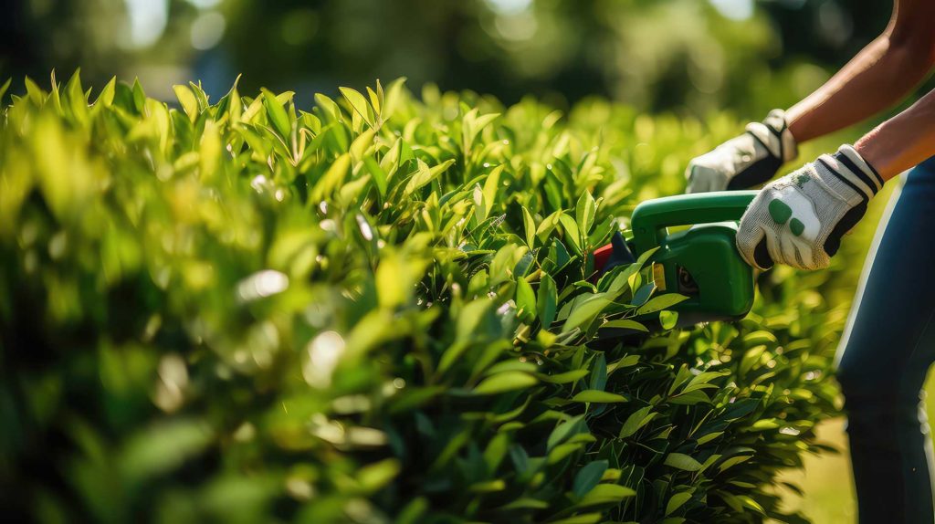 lawn maintenance being done-on bushes by a professional