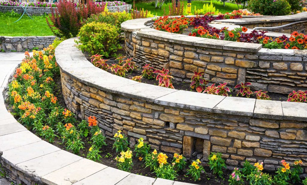 retaining walls setup with a garden in the middle