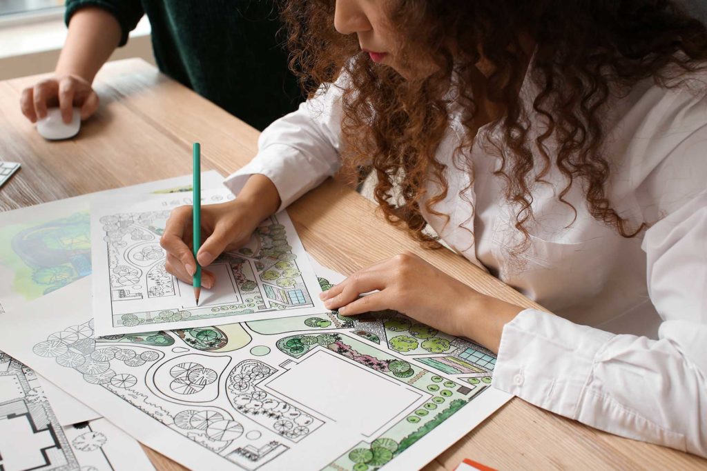 two people overlooking landscaping plans