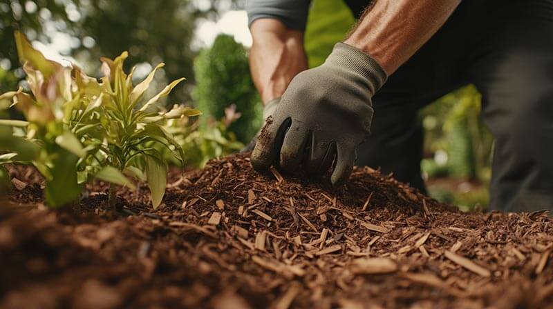landscaper adding mulch to garden beds landscaper adding mulch to garden beds